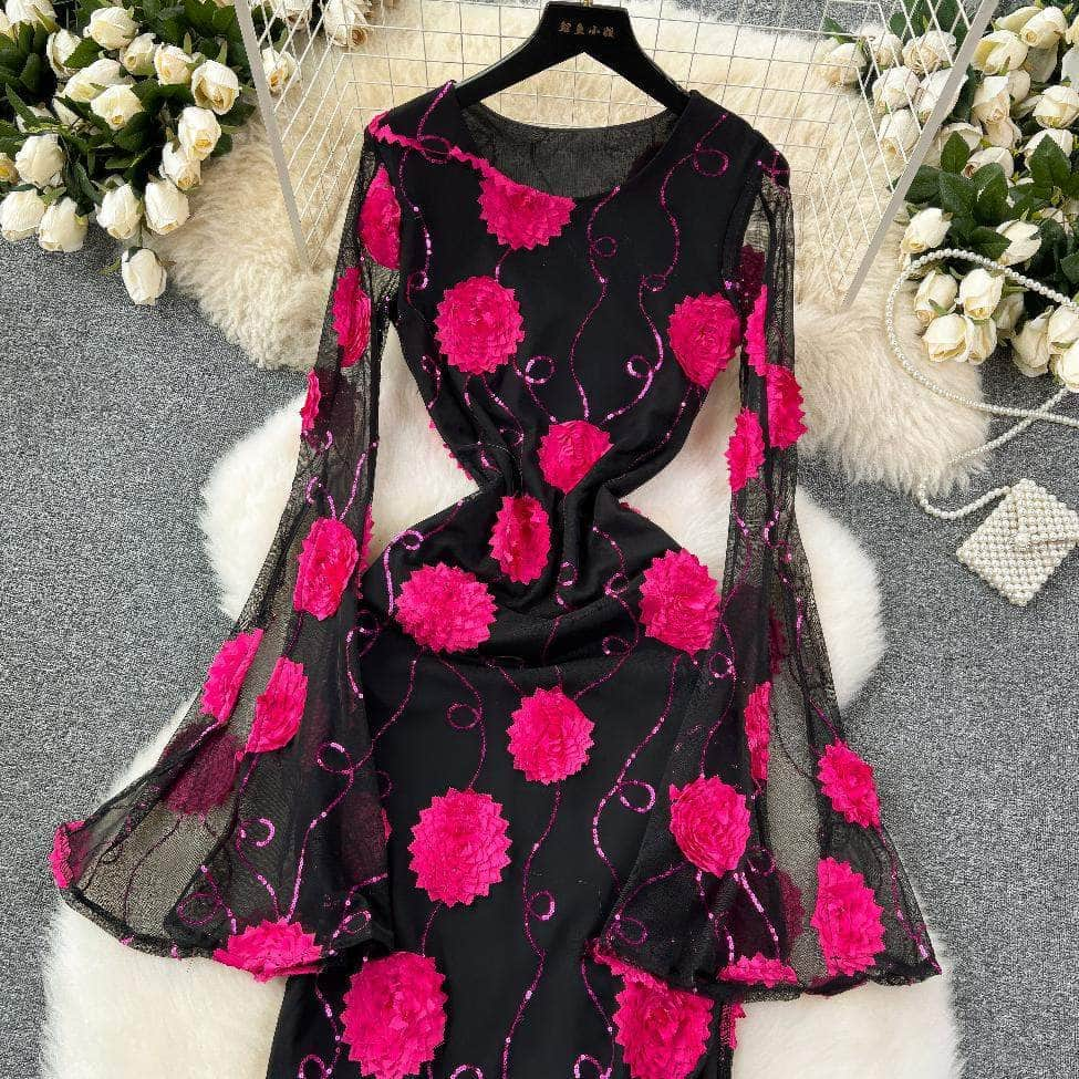 Flared Sleeves Floral Sequin Details Midi Slimfit Dress