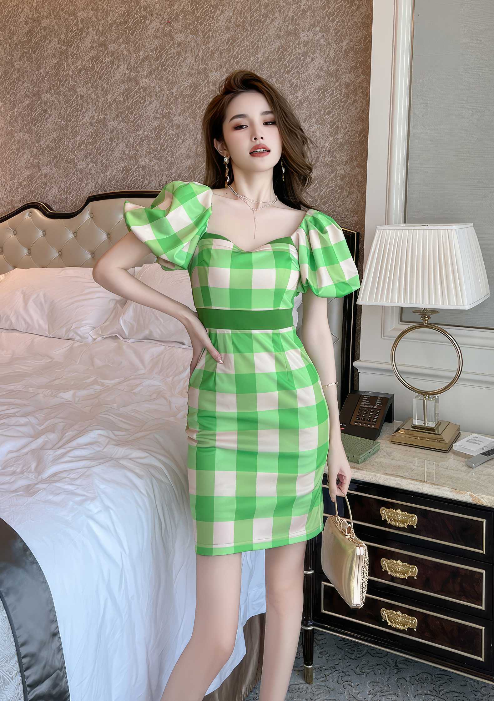 Flared Sleeves Mini Plaid Dress