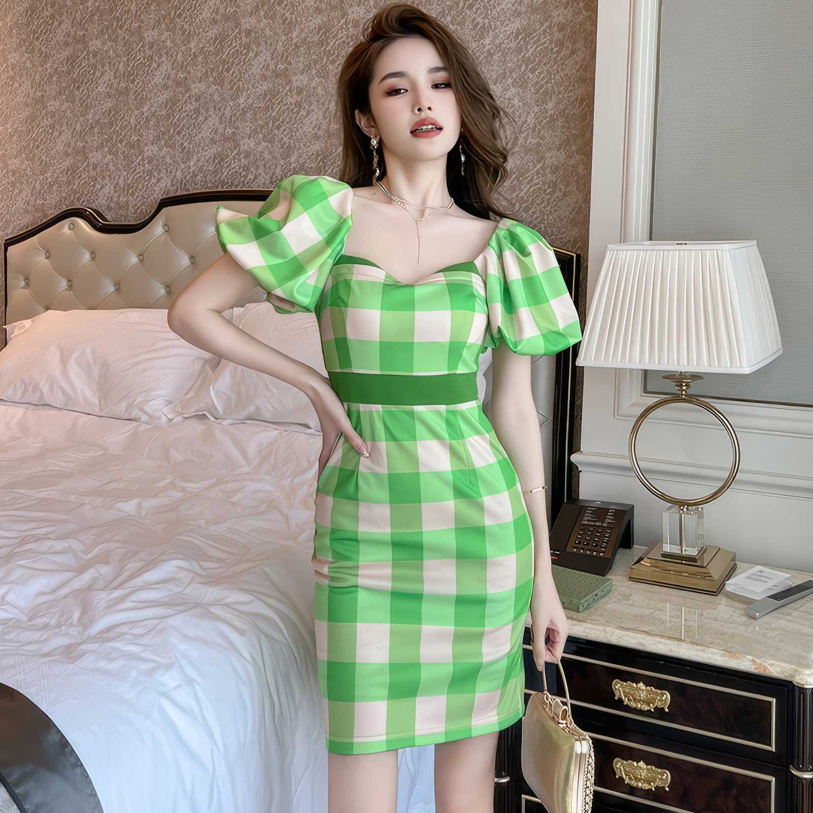 Flared Sleeves Mini Plaid Dress