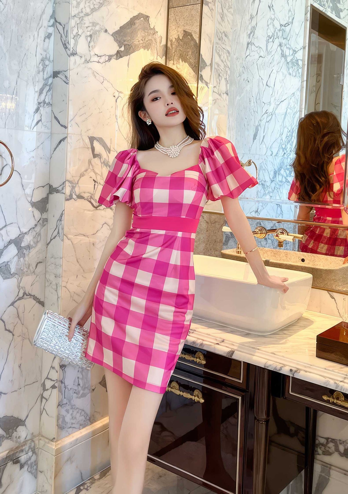 Flared Sleeves Mini Plaid Dress S / DeepPink