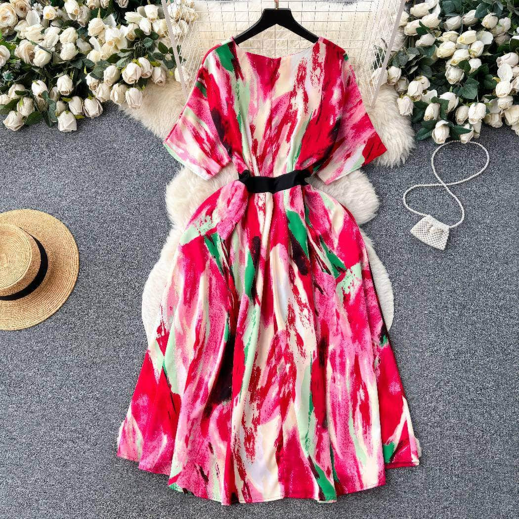 Flared Sleeves Vintage Print Pleated A-line Dress