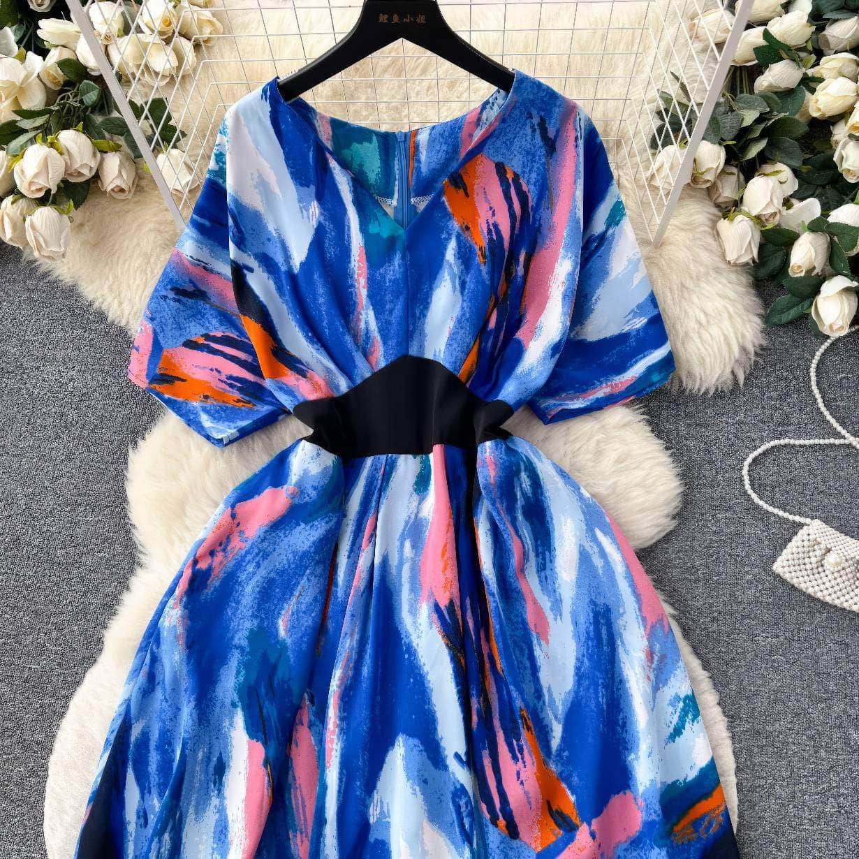 Flared Sleeves Vintage Print Pleated A-line Dress