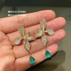 Floral Cutout Teardrop Crystal Studded Emerald Earrings Green