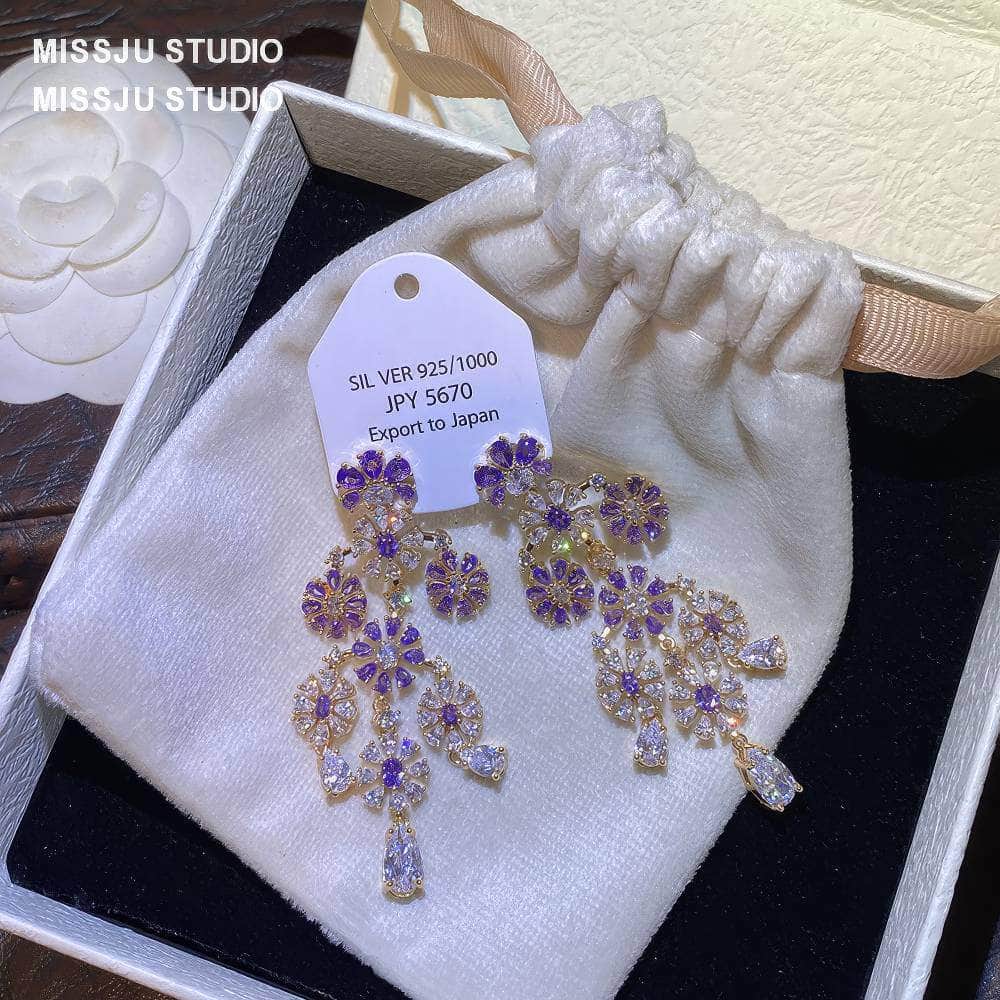 Floral Deco Chandelier Gemstone Crystal Earrings Purple