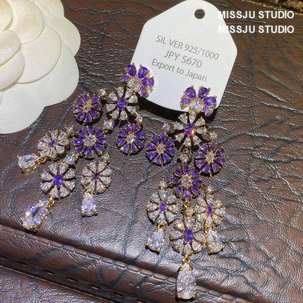Floral Deco Chandelier Gemstone Crystal Earrings Purple