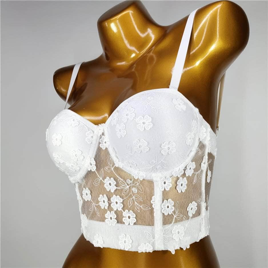 Floral Decor Mesh Lace Bustier Bralette S / White