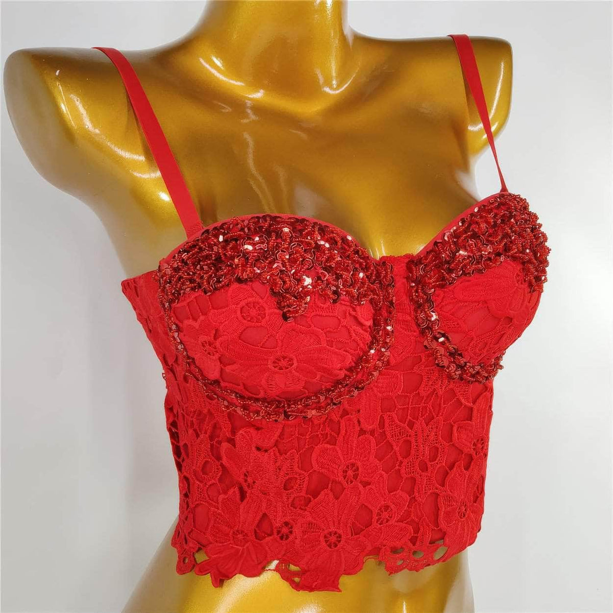 Floral Decor Mesh Lace Sequin-Accented Bustier Bralette S / Red