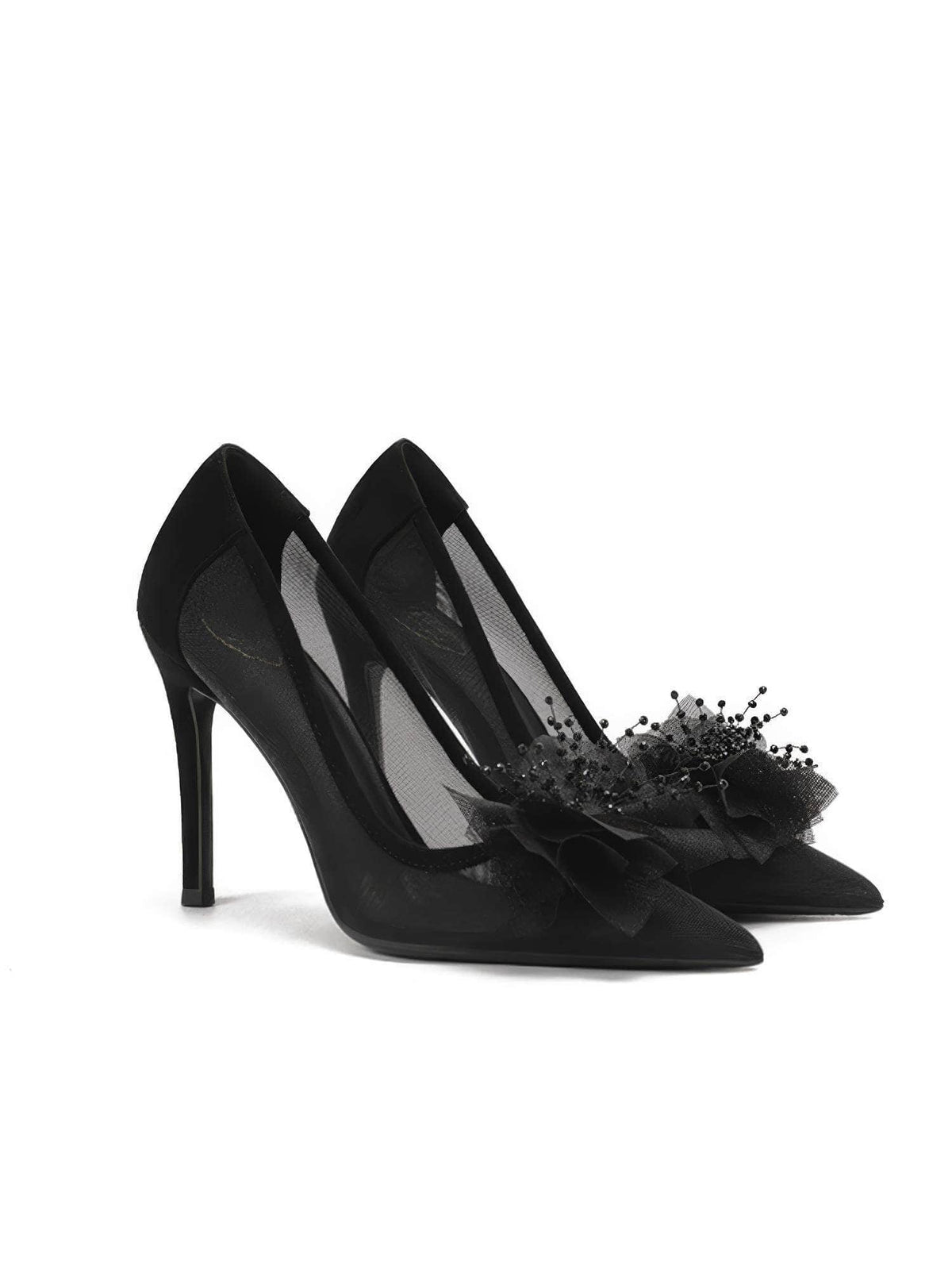 Floral Decorated Mesh Suede Stiletto Heels EU 32 / Black / 6CM