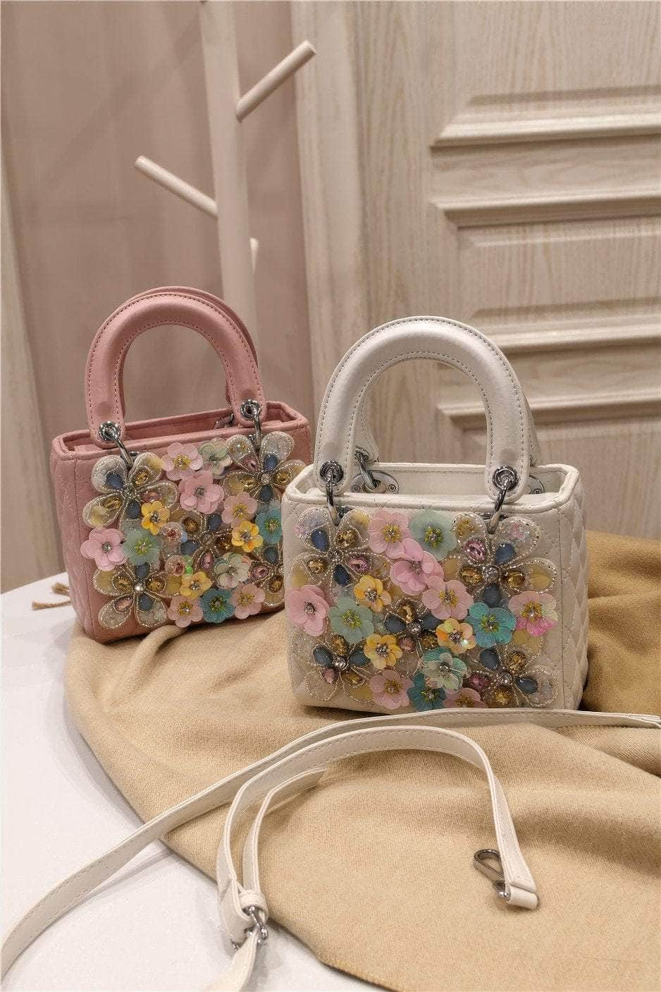 Floral Decorated Top Handle Handbag