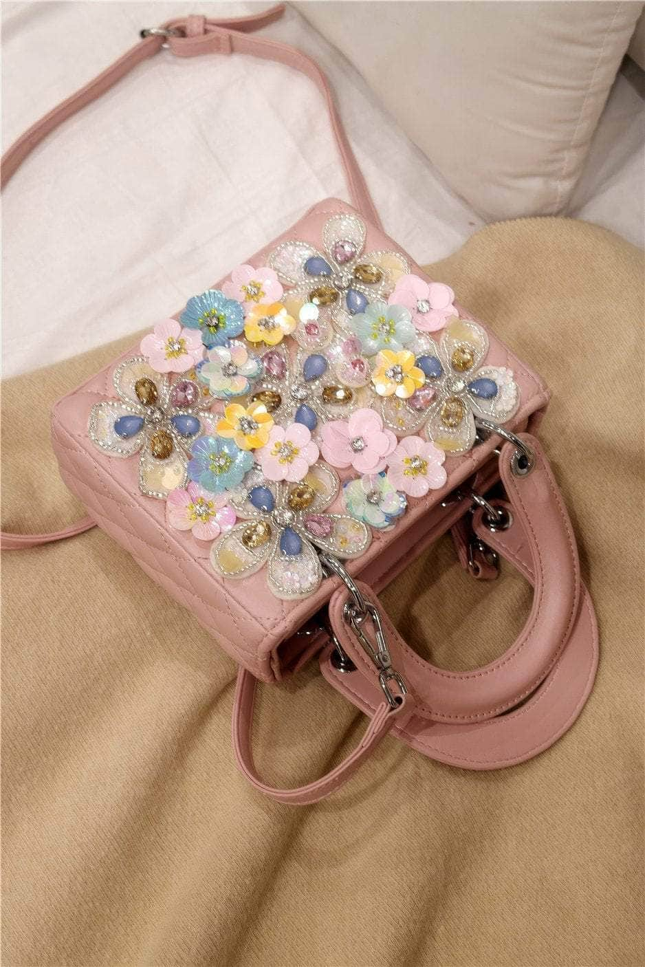 Floral Decorated Top Handle Handbag