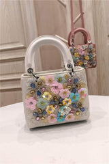 Floral Decorated Top Handle Handbag White