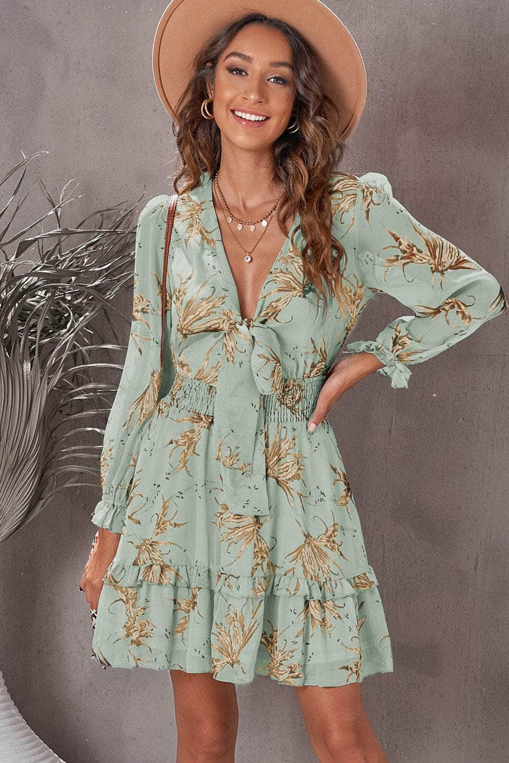 Floral Deep V Flounce Sleeve Mini Dress Gum Leaf / S