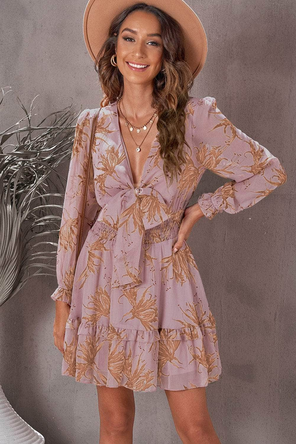 Floral Deep V Flounce Sleeve Mini Dress Light Mauve / S