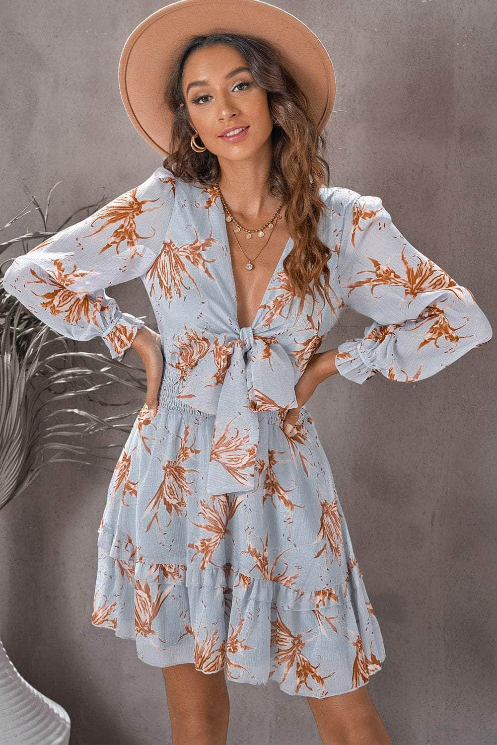 Floral Deep V Flounce Sleeve Mini Dress Misty  Blue / S