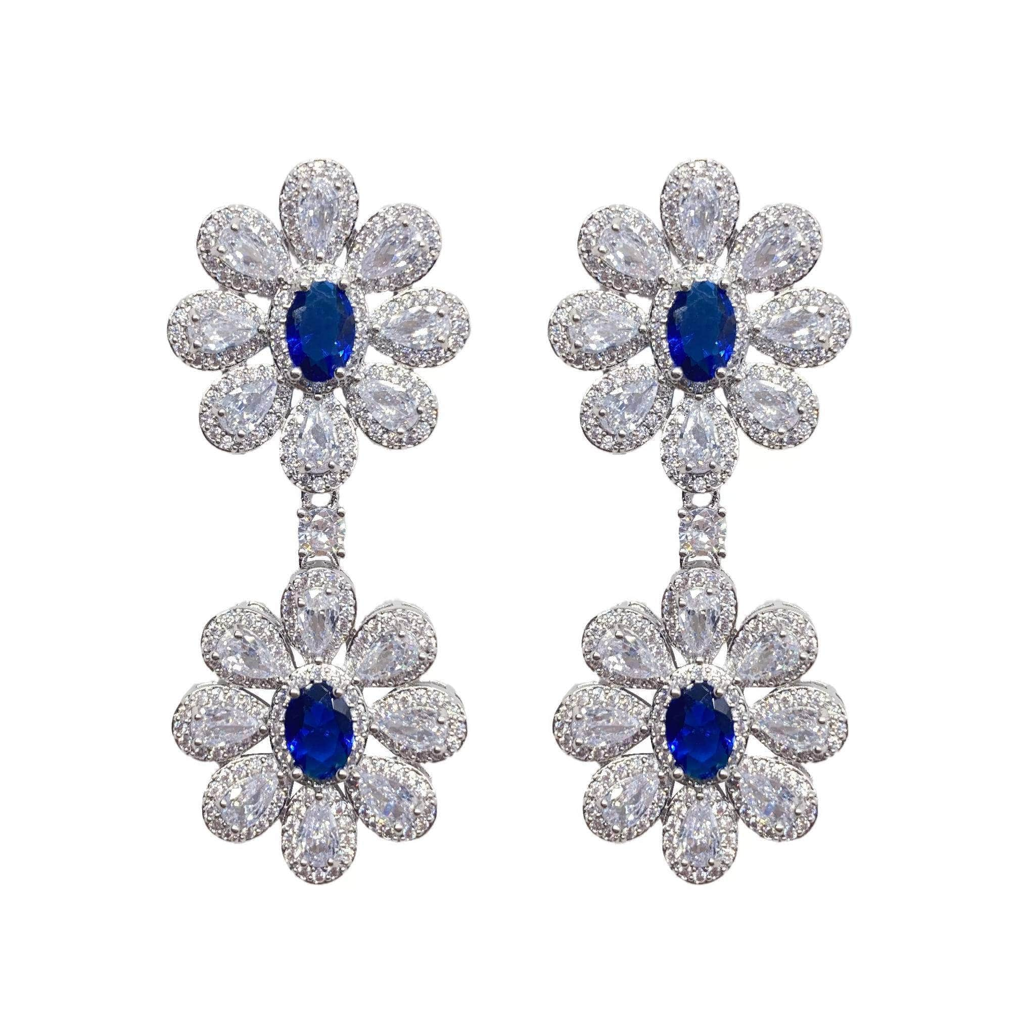 Floral Diamond Imitation Royal Blue Gemstone Dangle Earrings Blue