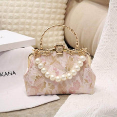 Floral Embroidered Pearl Deco Top Handle Purse LightPink