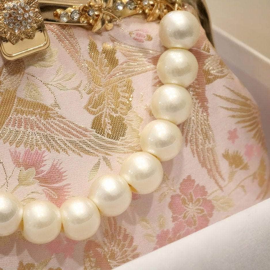 Floral Embroidered Pearl Deco Top Handle Purse LightPink