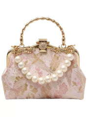 Floral Embroidered Pearl Deco Top Handle Purse LightPink
