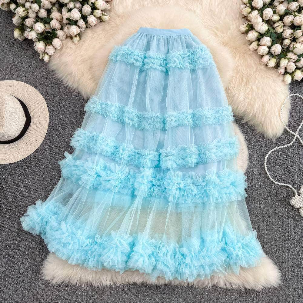 Floral Layered Ruffled Tulle Skirt