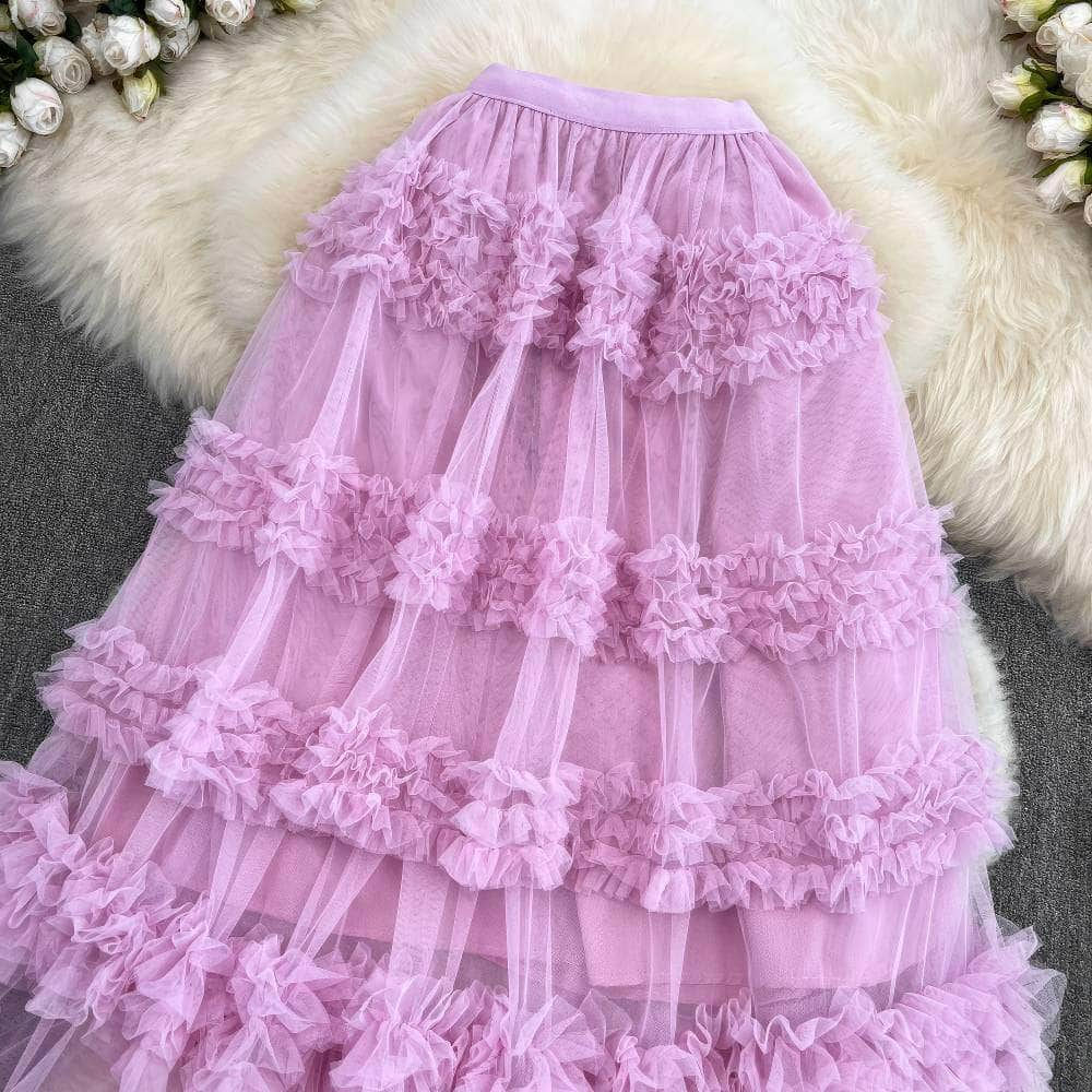 Floral Layered Ruffled Tulle Skirt