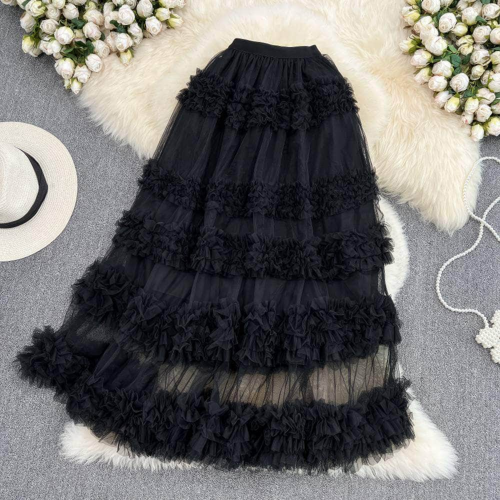 Floral Layered Ruffled Tulle Skirt MAX SIZE / Black