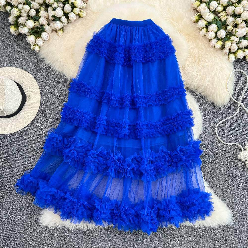 Floral Layered Ruffled Tulle Skirt MAX SIZE / Blue