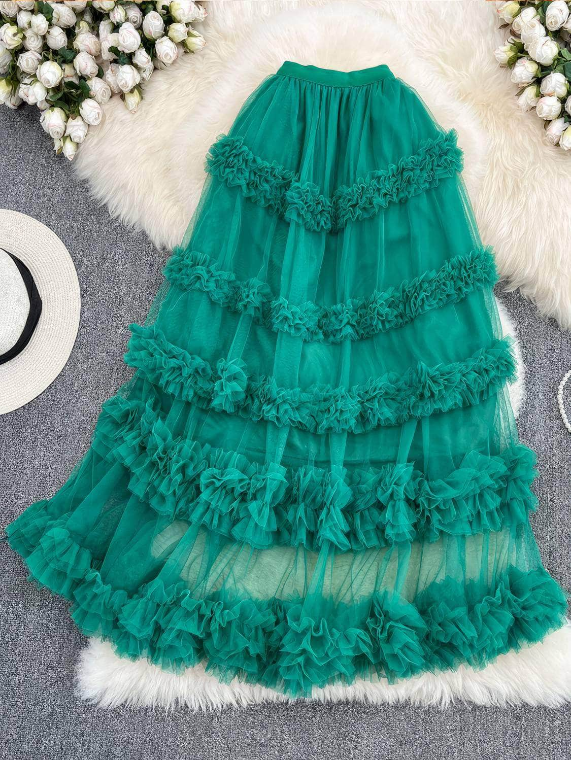 Floral Layered Ruffled Tulle Skirt MAX SIZE / Green