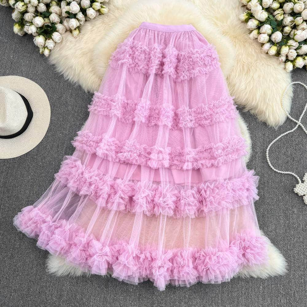 Floral Layered Ruffled Tulle Skirt MAX SIZE / LightPink