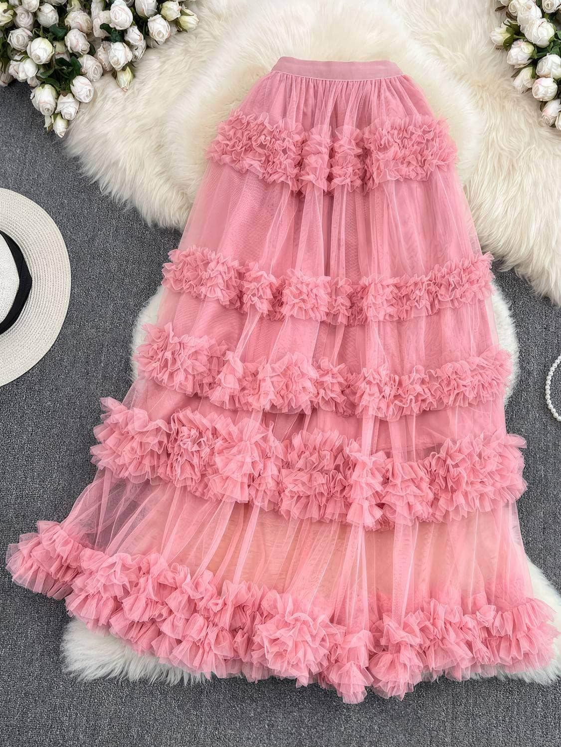 Floral Layered Ruffled Tulle Skirt MAX SIZE / Pink