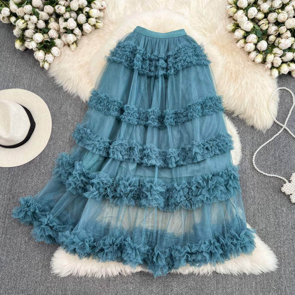 Floral Layered Ruffled Tulle Skirt MAX SIZE / SteelBlue