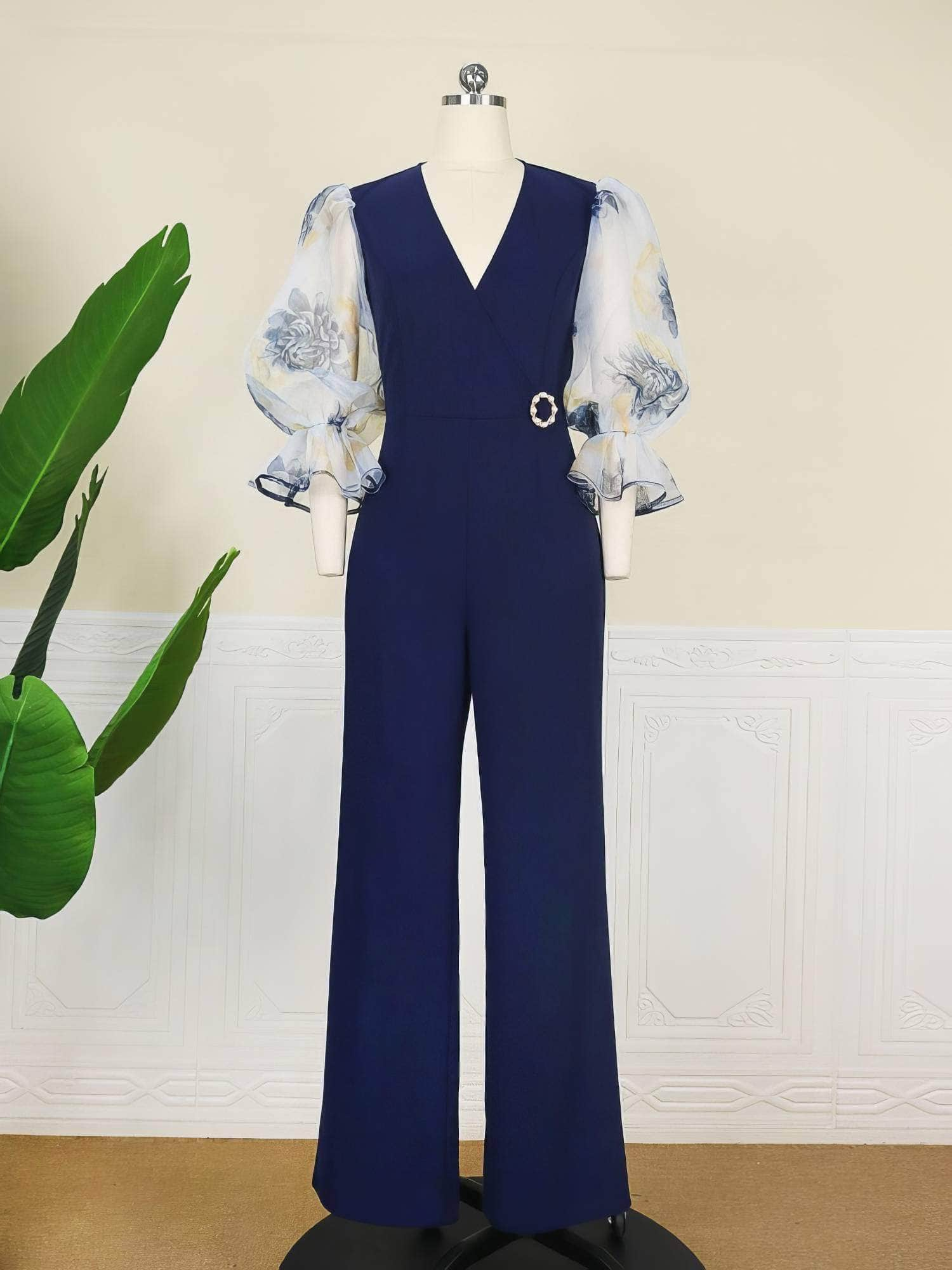 Floral Mesh Lantern Sleeves Wide-Leg Jumpsuit