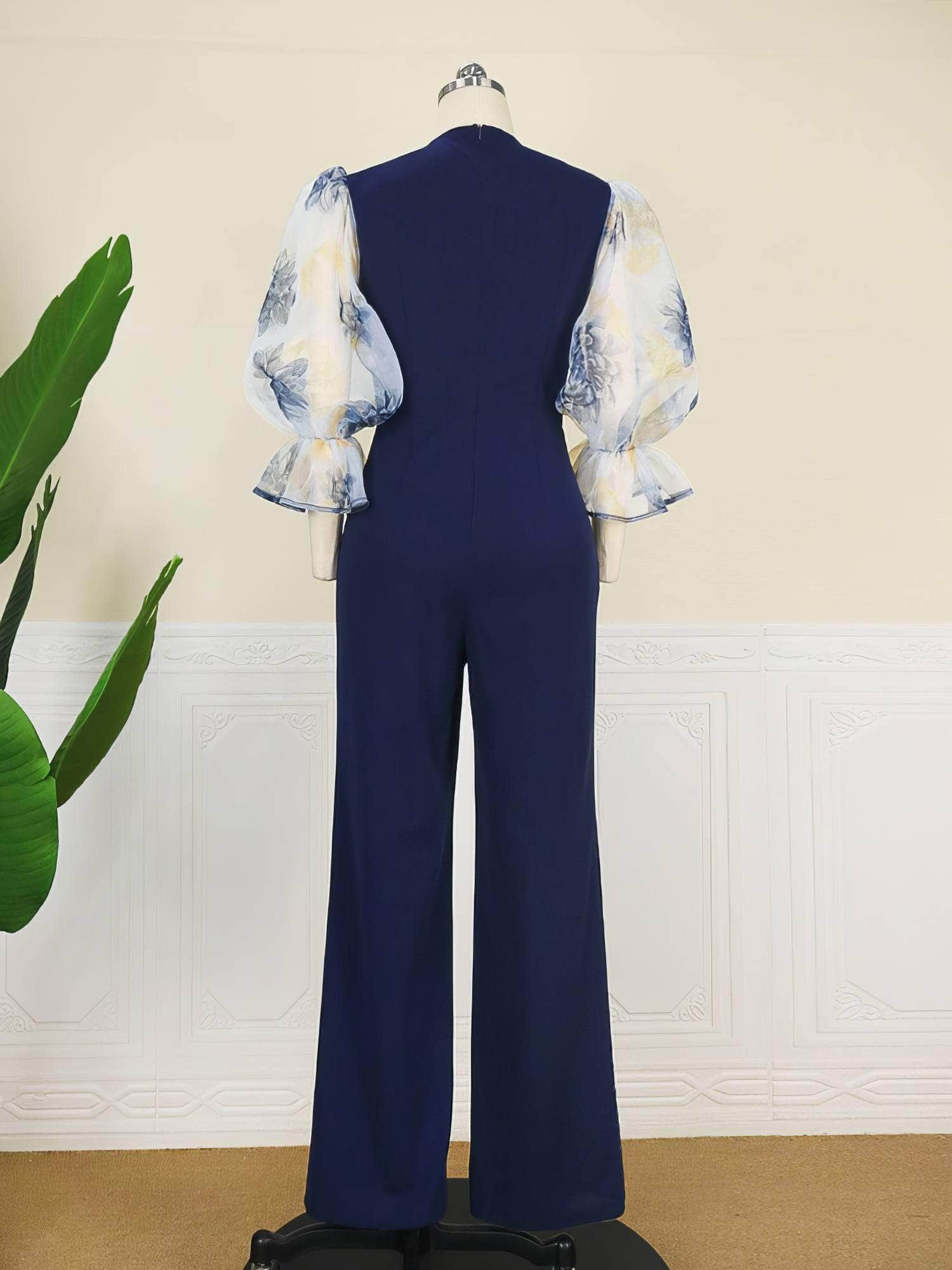 Floral Mesh Lantern Sleeves Wide-Leg Jumpsuit