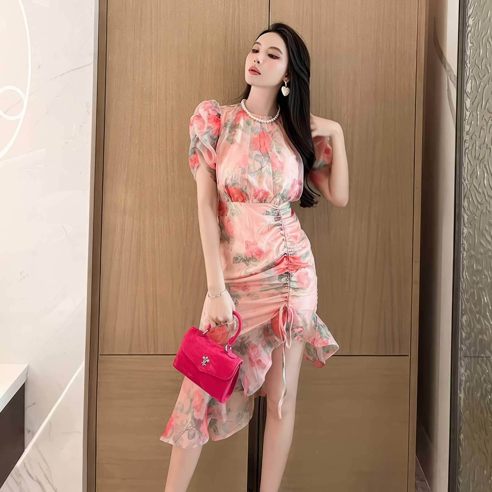 Floral Print Asymmetrical Ruffled Hem Dress