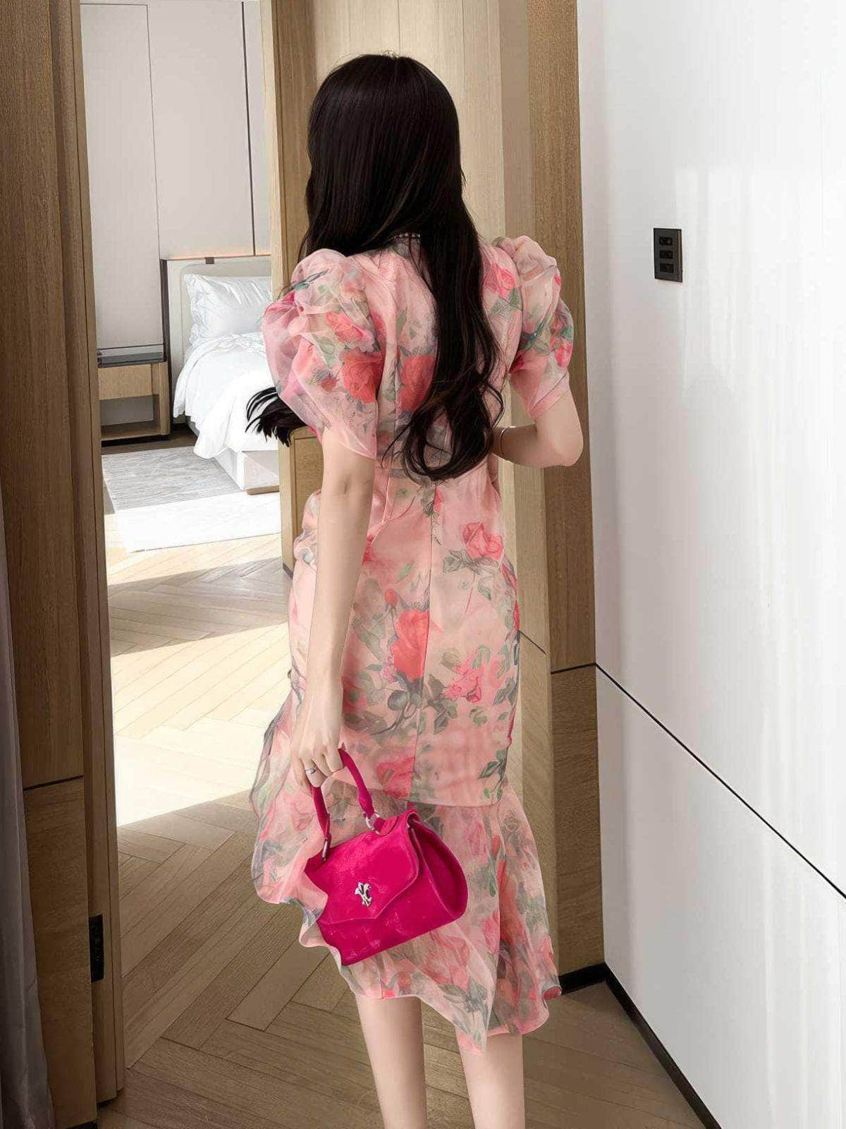 Floral Print Asymmetrical Ruffled Hem Dress