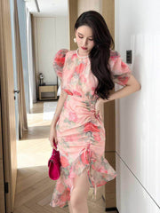 Floral Print Asymmetrical Ruffled Hem Dress S / Pink