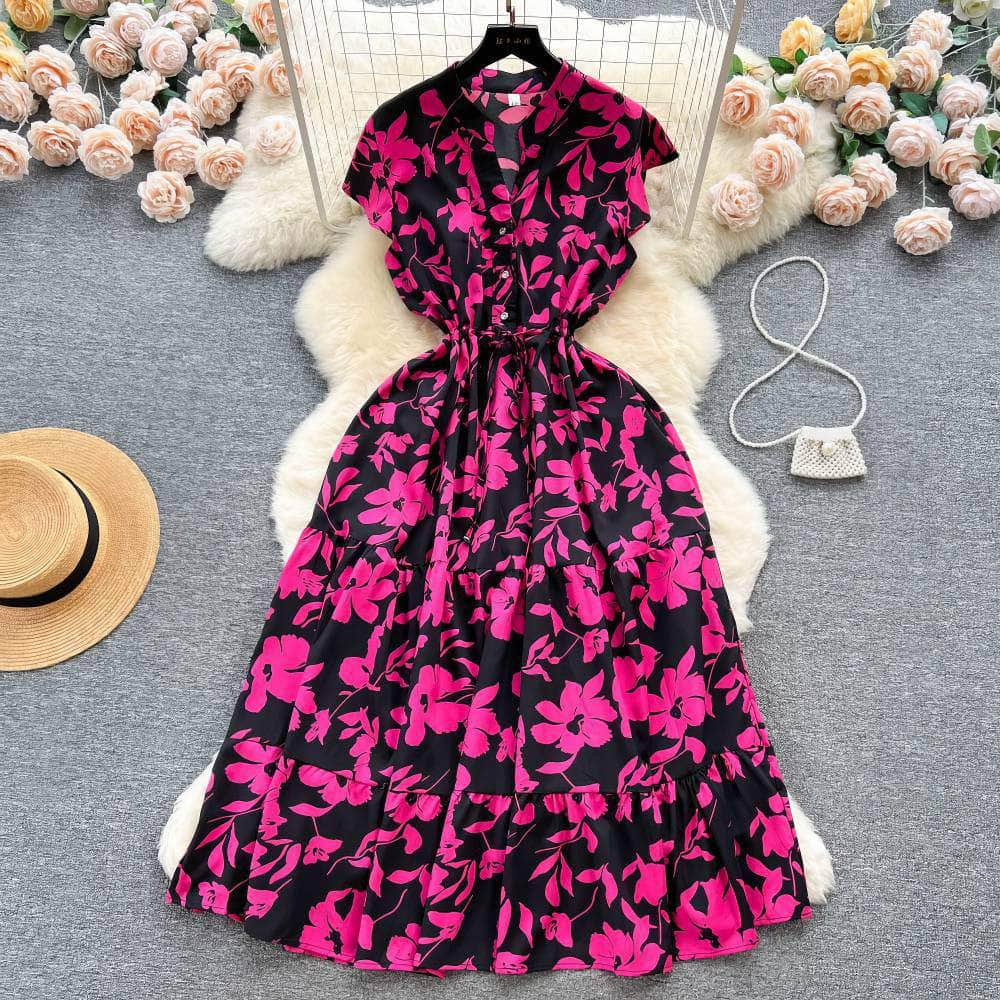 Floral Print Pleated Layered Chiffon Dress