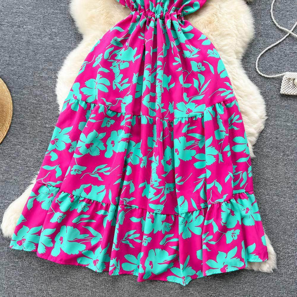 Floral Print Pleated Layered Chiffon Dress