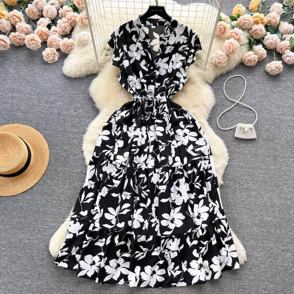 Floral Print Pleated Layered Chiffon Dress