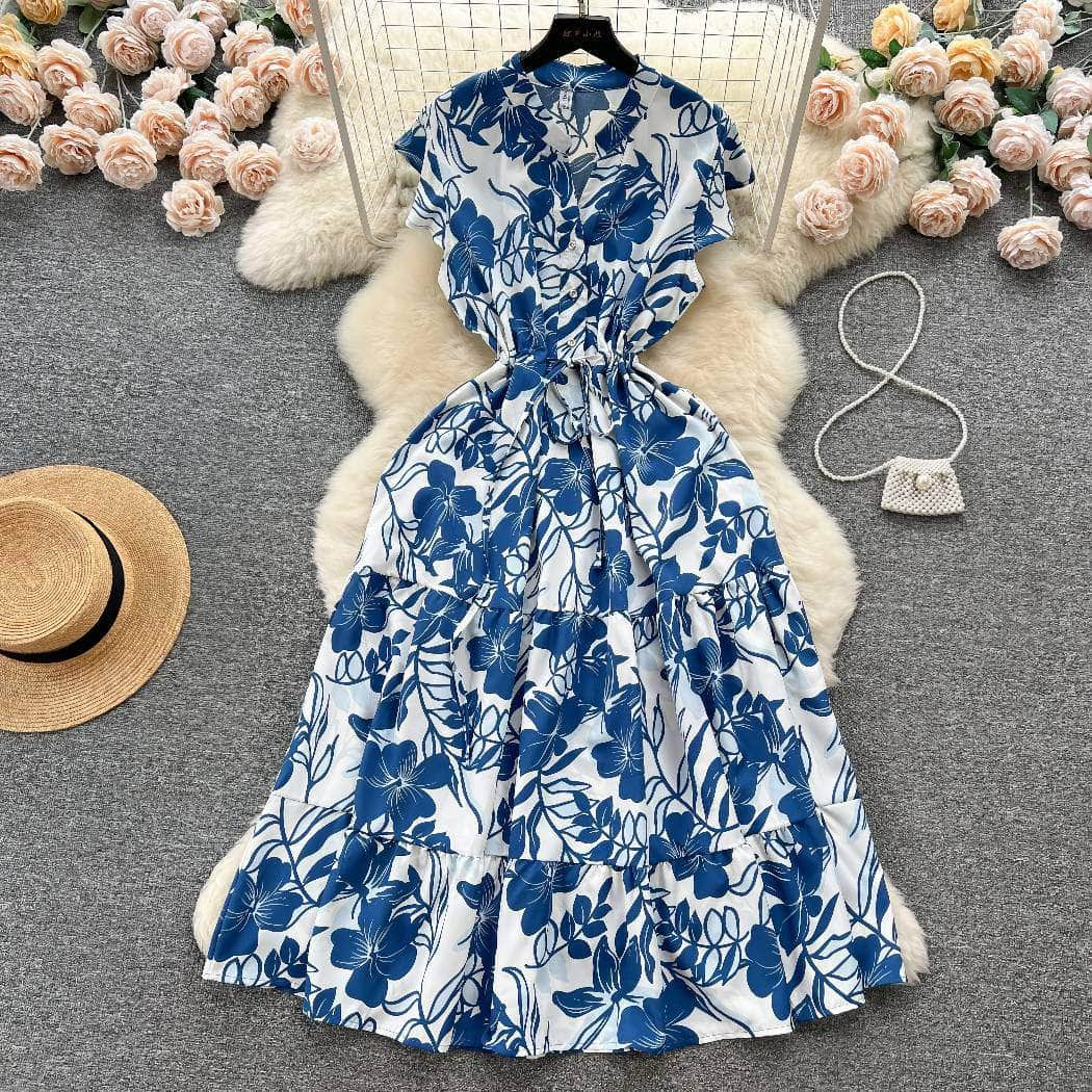 Floral Print Pleated Layered Chiffon Dress