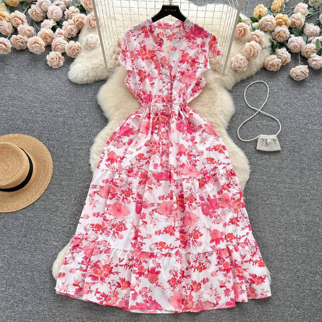 Floral Print Pleated Layered Chiffon Dress