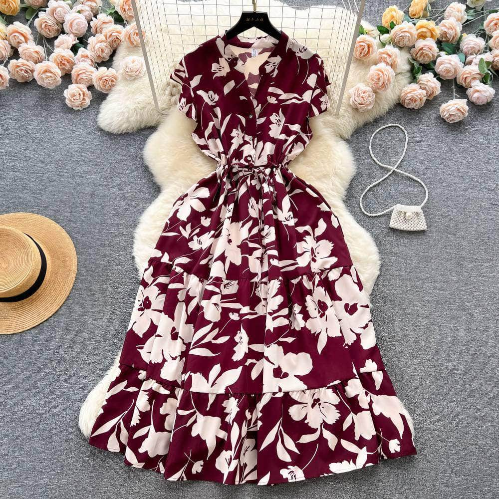 Floral Print Pleated Layered Chiffon Dress