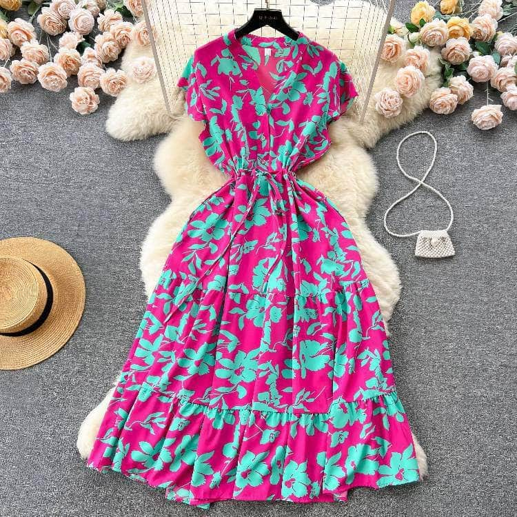 Floral Print Pleated Layered Chiffon Dress