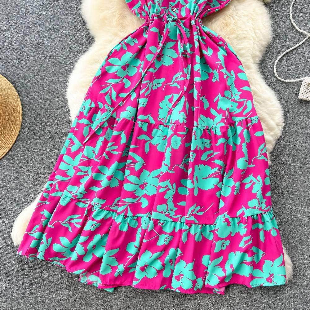 Floral Print Pleated Layered Chiffon Dress