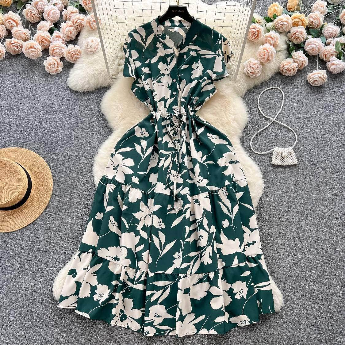 Floral Print Pleated Layered Chiffon Dress