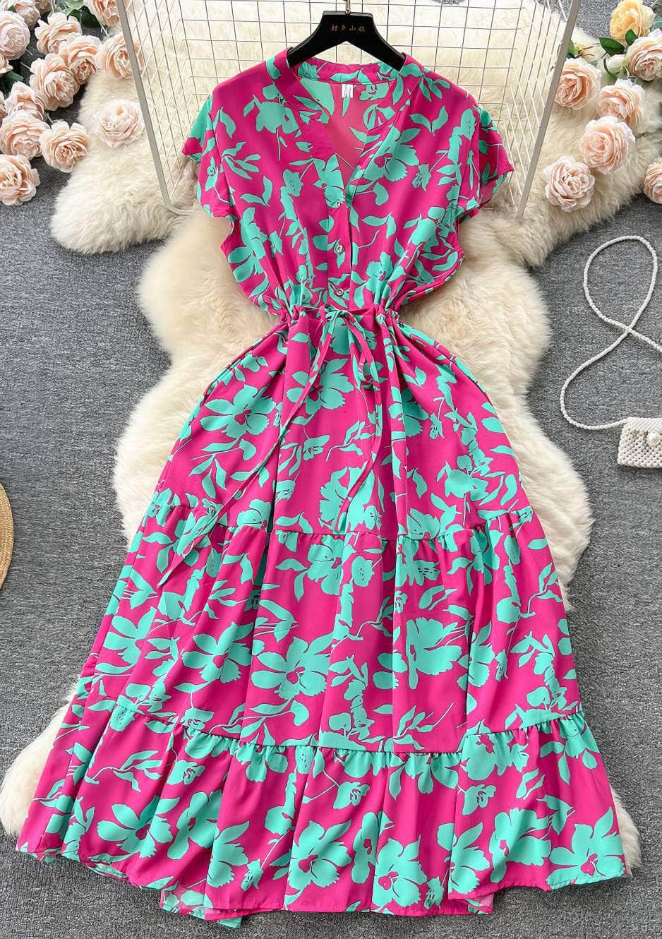 Floral Print Pleated Layered Chiffon Dress