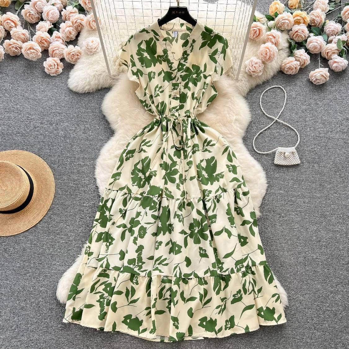 Floral Print Pleated Layered Chiffon Dress