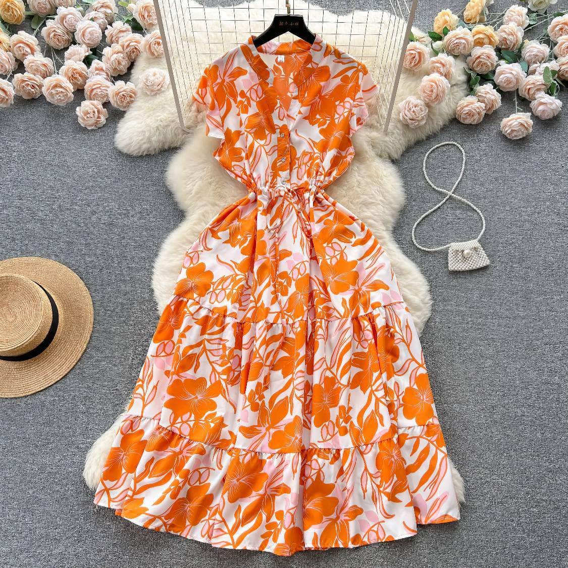 Floral Print Pleated Layered Chiffon Dress