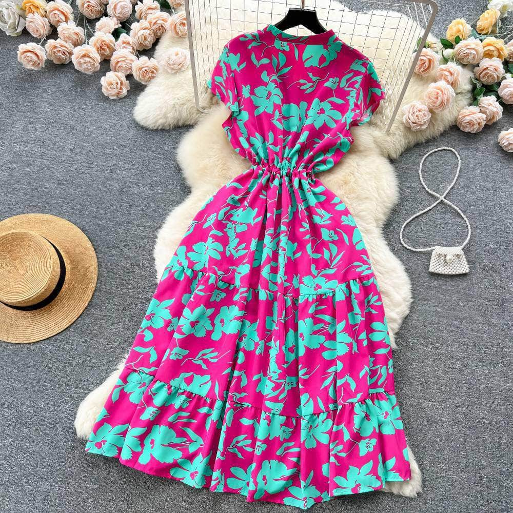 Floral Print Pleated Layered Chiffon Dress