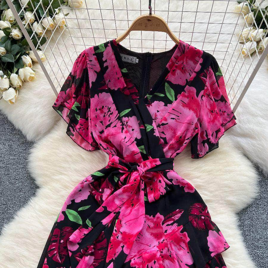 Floral Print Surplice Neck Multilayer Hem Dress