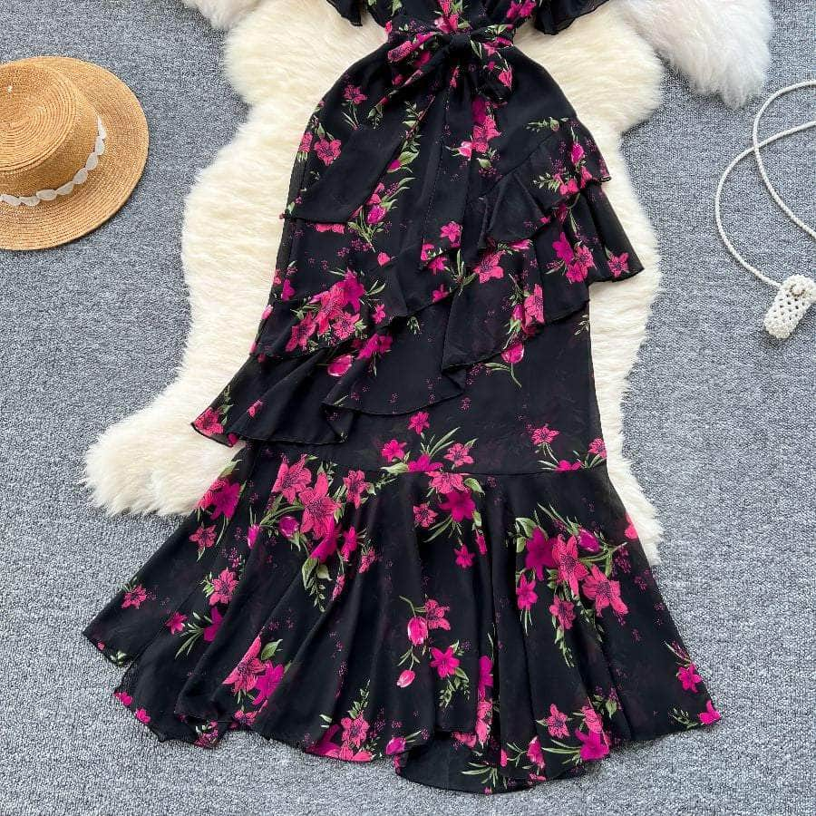 Floral Print Surplice Neck Multilayer Hem Dress